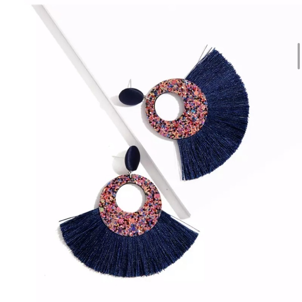 Navy Tassel Fringe Earrings Multicolor Glitter Circle Statement Boho - Picture 2 of 8